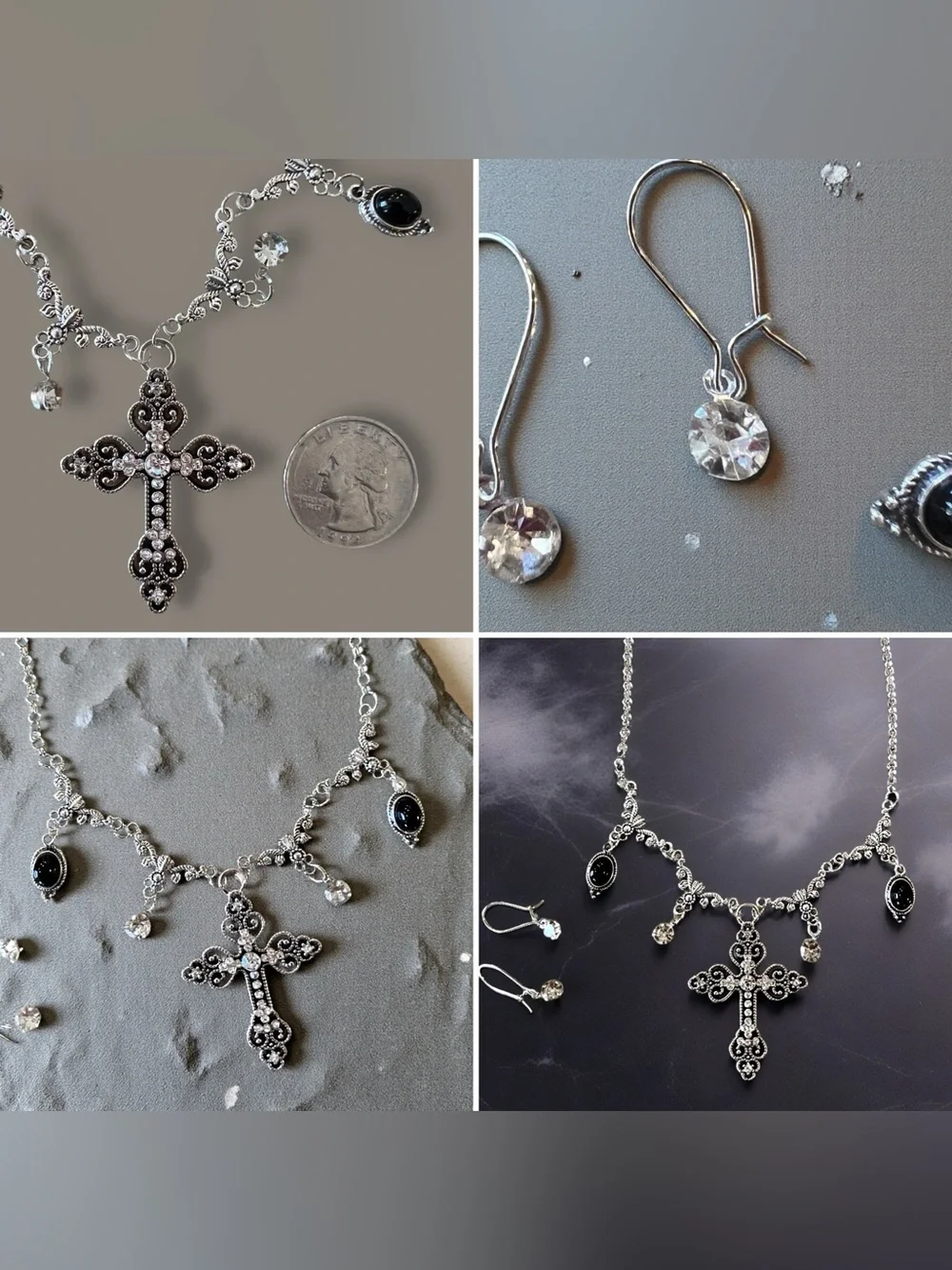 Vintage-Inspired Silver Cross Necklace Set with Black Stone Accents Rhinestones
